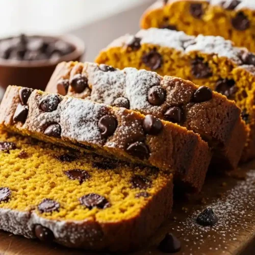 Close-up of several moist slices of pumpkin chocolate chip bread, dusted with powdered sugar, arranged on a rustic wooden cutting board with a blurred background.