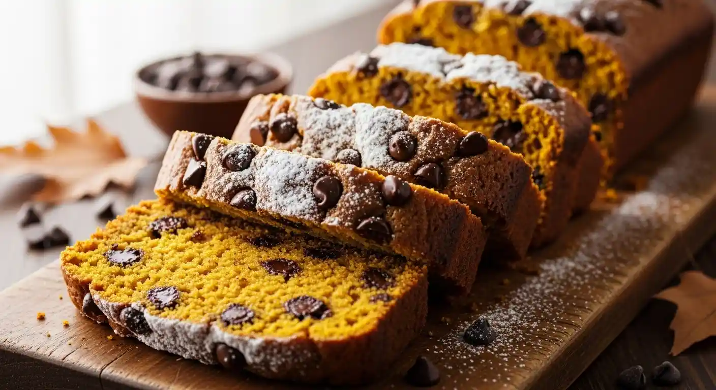 Close-up of several moist slices of pumpkin chocolate chip bread, dusted with powdered sugar, arranged on a rustic wooden cutting board with a blurred background.