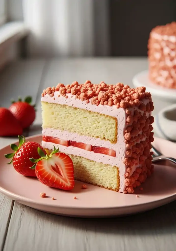 A perfectly sliced piece of Strawberry Crunch Cake on a pale pink plate, revealing distinct layers of vanilla cake, creamy strawberry frosting, and a generous strawberry crunch topping. Fresh red strawberries are arranged artfully around the slice on a softly blurred rustic wooden background.