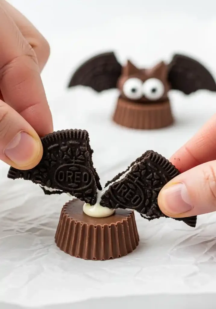 A person attaching a broken Oreo half to a Reese's cup with melted white chocolate to make a Bat Bite.