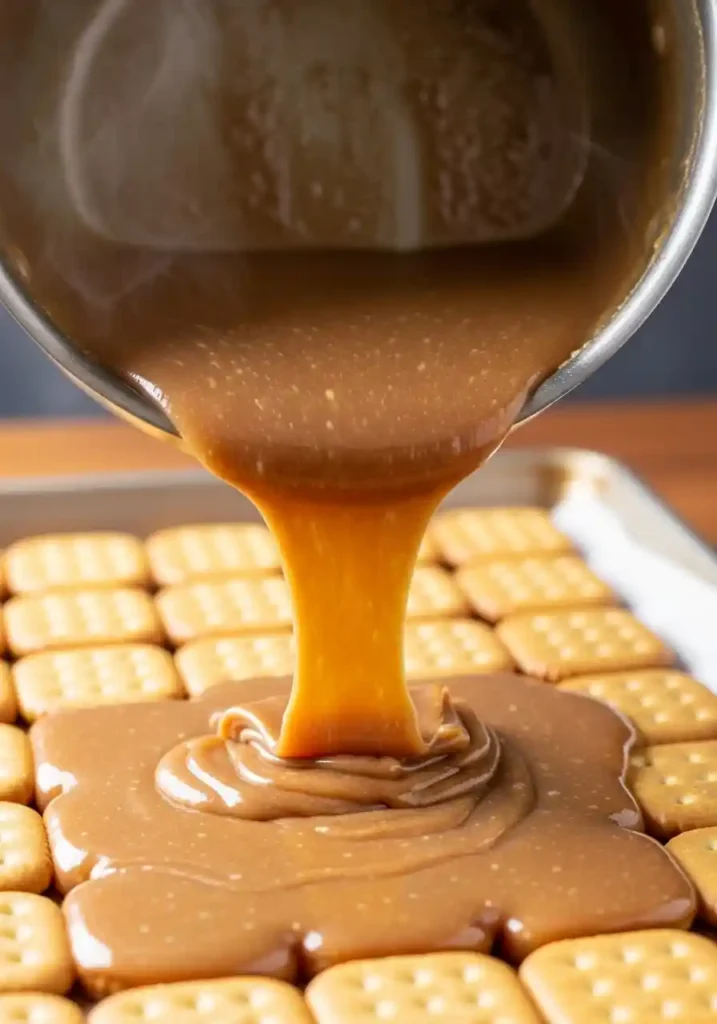 Pouring hot homemade toffee over a layer of saltine crackers on a baking sheet to make Christmas Crack.