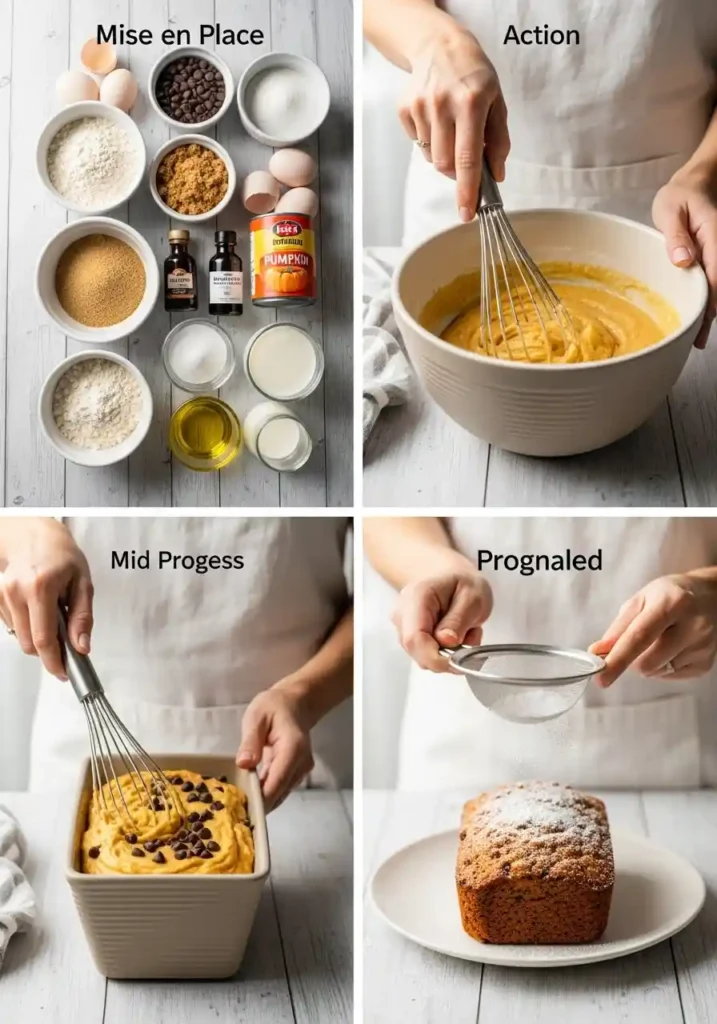 A four-panel collage illustrating the step-by-step process of making pumpkin chocolate chip bread. The first panel shows a flat lay of all ingredients: flour, sugars, chocolate chips, eggs, vanilla, pumpkin puree, oil, and milk. The second panel captures hands whisking wet ingredients in a ceramic bowl. The third panel displays pumpkin chocolate chip batter ready in a loaf pan. The fourth panel shows hands dusting powdered sugar over the baked loaf on a cooling rack.