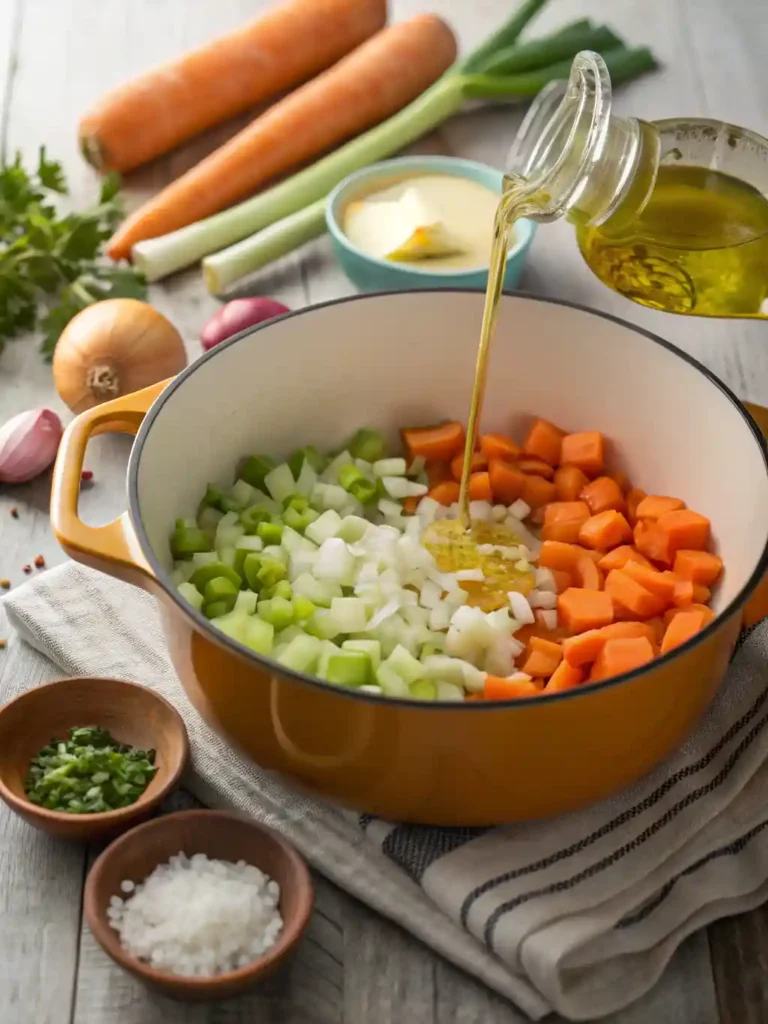 Sautéing onions, carrots, and celery in a pot.