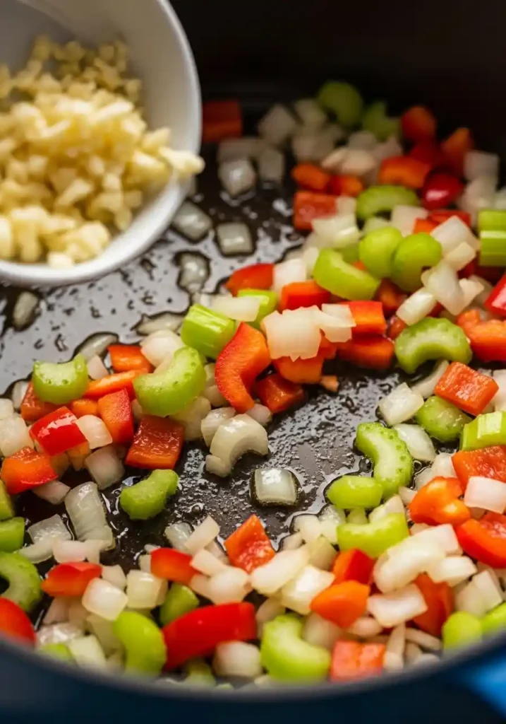 Sautéing the holy trinity of onion, celery, and bell pepper for the Cajun potato soup base.