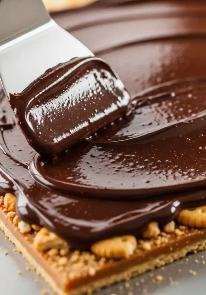 An offset spatula spreading melted chocolate into a smooth layer over the toffee for Christmas Crack.