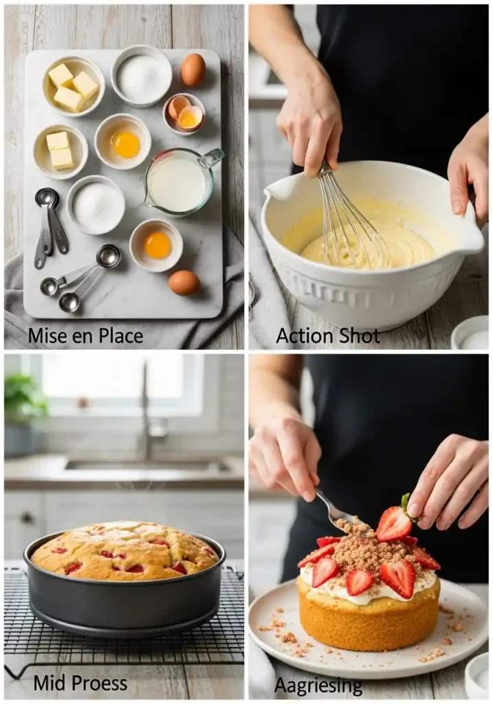 Four-panel collage demonstrating the steps to make a strawberry crunch cake. Panel 1: Top-down flat lay of ingredients including butter, sugar, eggs, and milk in bowls on a wooden surface. Panel 2: Close-up of hands whisking cake batter in a white bowl. Panel 3: A baked cake in a round pan on a cooling rack. Panel 4: Hands garnishing a slice of strawberry crunch cake with fresh strawberries and crunch topping on a white plate.