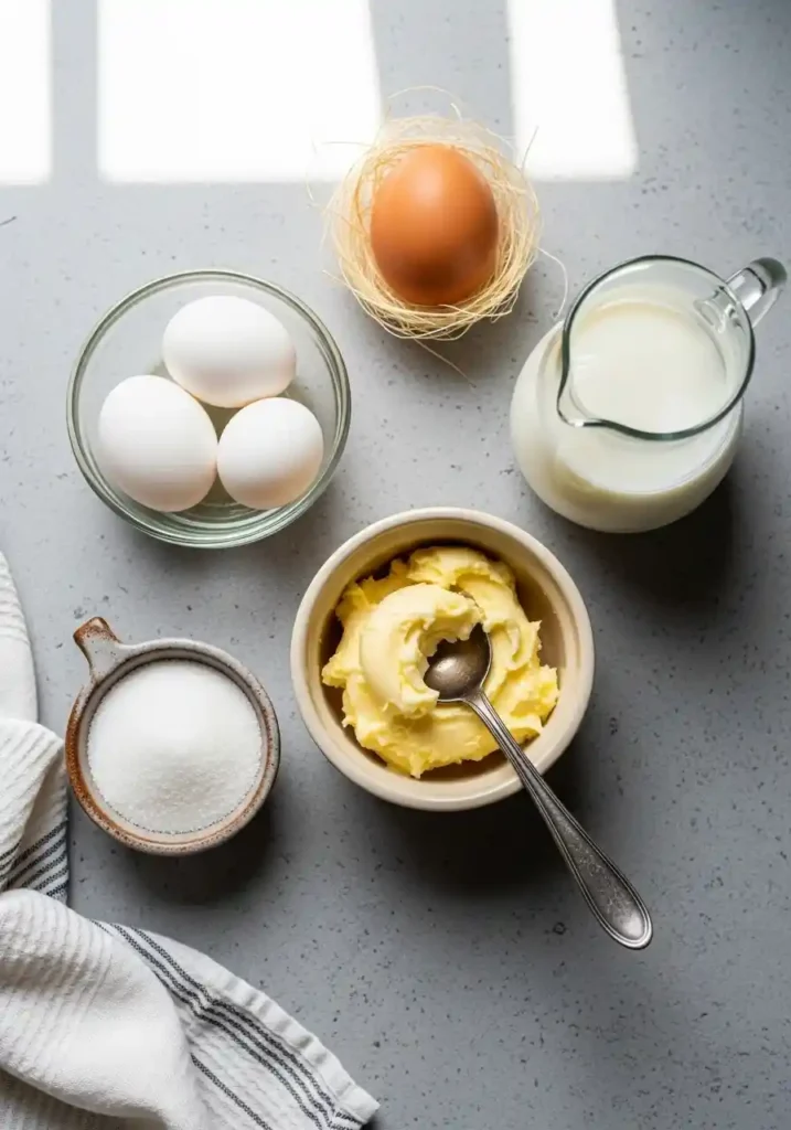 A beautifully arranged flat lay of raw ingredients for strawberry crunch cake, featuring softened unsalted butter in a ceramic bowl with a spoon, granulated sugar in a dish, separate egg whites in a ramekin, a whole egg in a small nest, and a glass carafe of whole milk, all on a light grey surface with a linen towel.