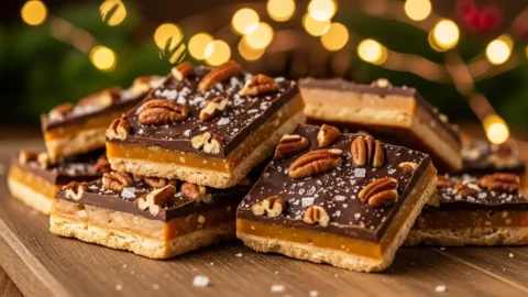 A pile of delicious Christmas Crack candy with saltine toffee, chocolate, and pecans on a festive wooden board.
