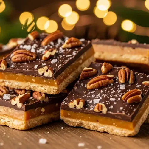 A pile of delicious Christmas Crack candy with saltine toffee, chocolate, and pecans on a festive wooden board.
