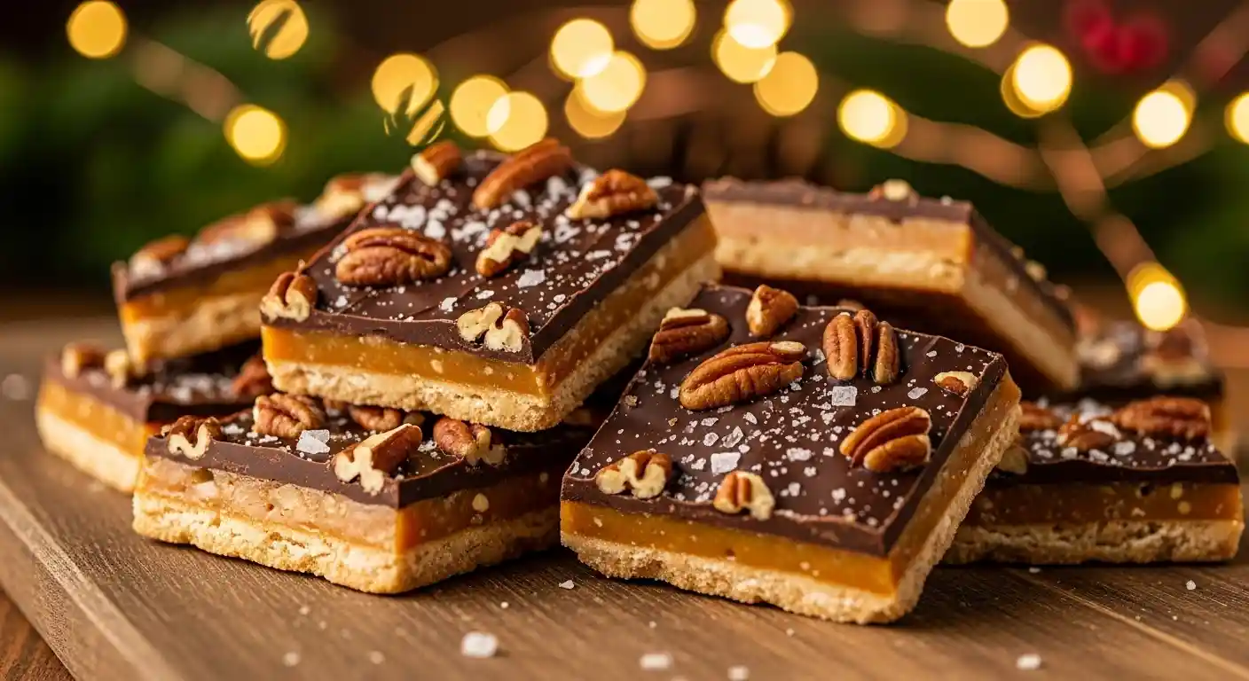 A pile of delicious Christmas Crack candy with saltine toffee, chocolate, and pecans on a festive wooden board.