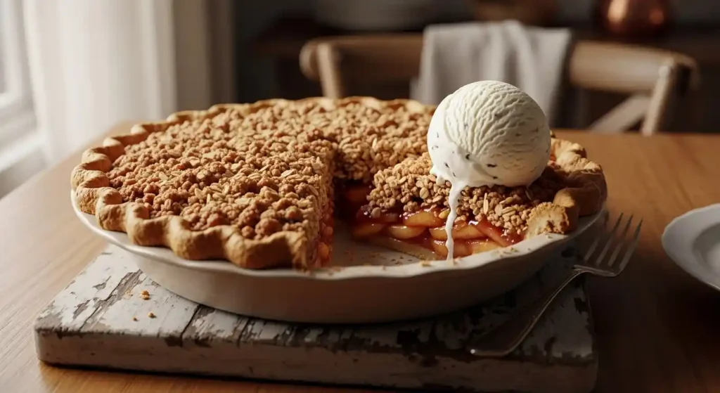 A beautifully golden-brown apple crisp pie with a crunchy oat crumble topping, a slice removed to show the tender, spiced apple filling. A scoop of melting vanilla ice cream sits next to the pie slice on a rustic wooden board, set on an antique wooden table. The scene is bathed in warm, natural light.
