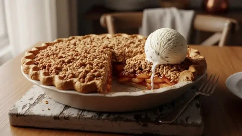 A beautifully golden-brown apple crisp pie with a crunchy oat crumble topping, a slice removed to show the tender, spiced apple filling. A scoop of melting vanilla ice cream sits next to the pie slice on a rustic wooden board, set on an antique wooden table. The scene is bathed in warm, natural light.