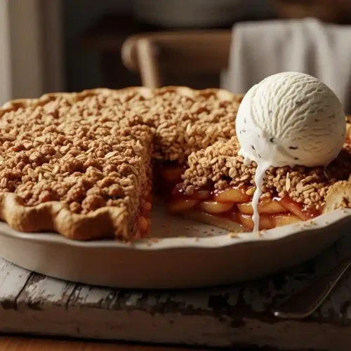 A beautifully golden-brown apple crisp pie with a crunchy oat crumble topping, a slice removed to show the tender, spiced apple filling. A scoop of melting vanilla ice cream sits next to the pie slice on a rustic wooden board, set on an antique wooden table. The scene is bathed in warm, natural light.