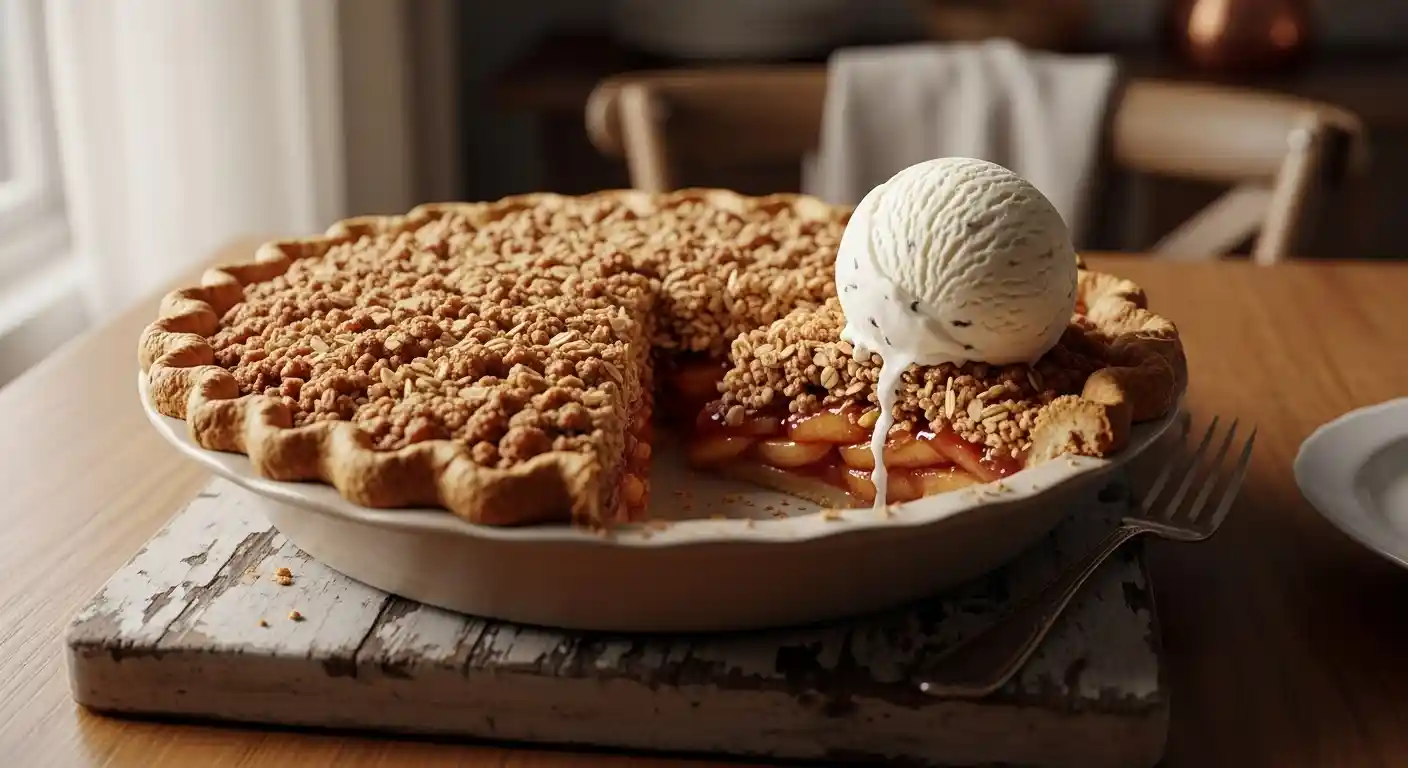 A beautifully golden-brown apple crisp pie with a crunchy oat crumble topping, a slice removed to show the tender, spiced apple filling. A scoop of melting vanilla ice cream sits next to the pie slice on a rustic wooden board, set on an antique wooden table. The scene is bathed in warm, natural light.