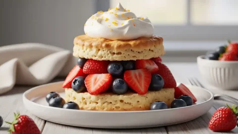 A close-up of a stacked blueberry strawberry shortcake, showcasing flaky golden-brown layers, fresh quartered strawberries, plump blueberries, and a generous dollop of white whipped cream with orange zest, on a rustic white plate.