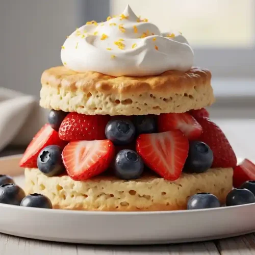 A close-up of a stacked blueberry strawberry shortcake, showcasing flaky golden-brown layers, fresh quartered strawberries, plump blueberries, and a generous dollop of white whipped cream with orange zest, on a rustic white plate.