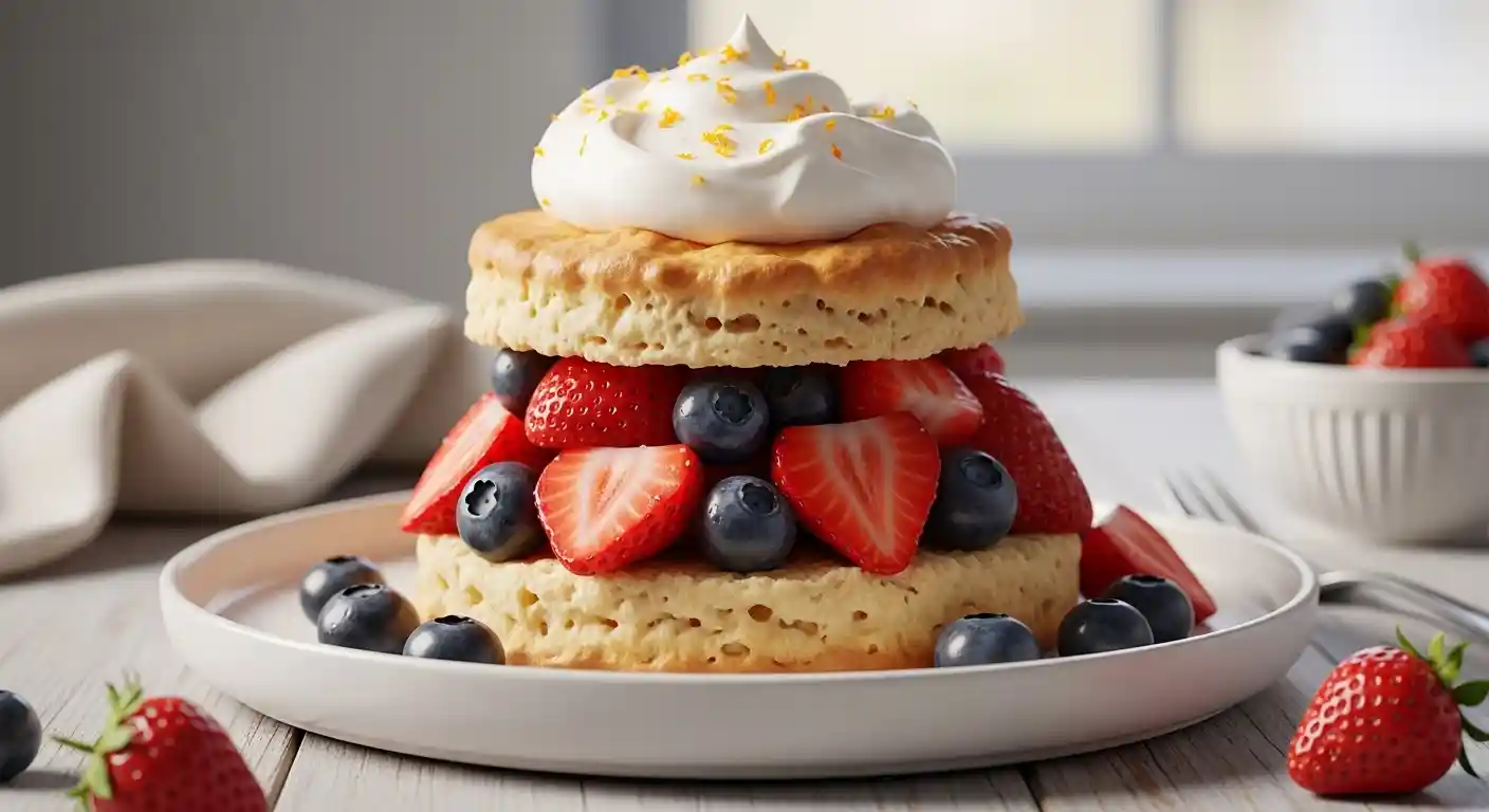 A close-up of a stacked blueberry strawberry shortcake, showcasing flaky golden-brown layers, fresh quartered strawberries, plump blueberries, and a generous dollop of white whipped cream with orange zest, on a rustic white plate.
