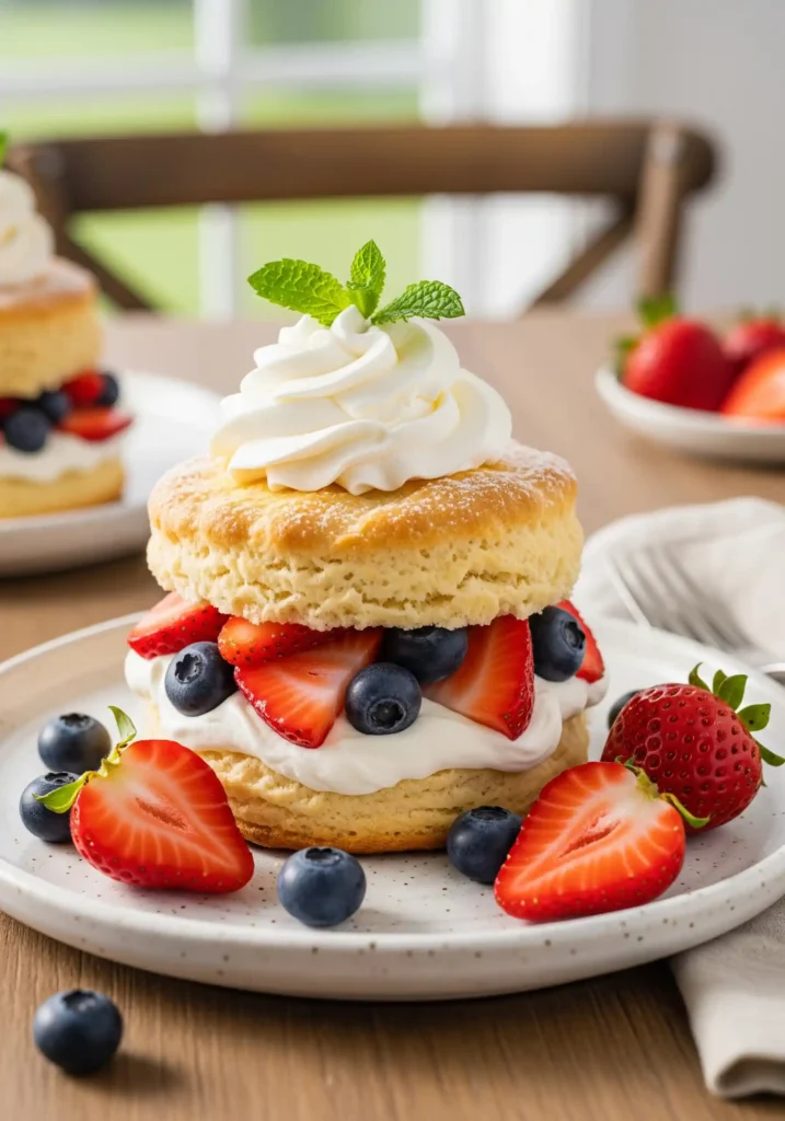 A close-up of a beautifully plated serving of blueberry strawberry shortcake. Flaky golden biscuits are layered with fresh, macerated strawberries and blueberries, topped with a generous dollop of whipped cream and a dusting of powdered sugar on a white plate.
