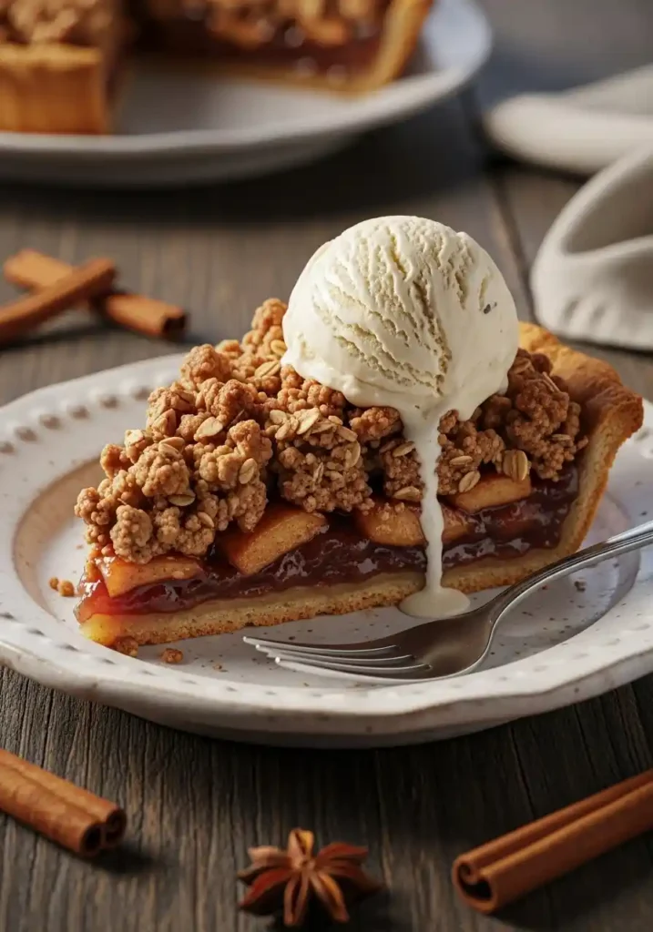 A close-up of a warm slice of apple crisp pie on a white ceramic plate, topped with a melting scoop of vanilla ice cream, set on a dark wooden table with cinnamon sticks.