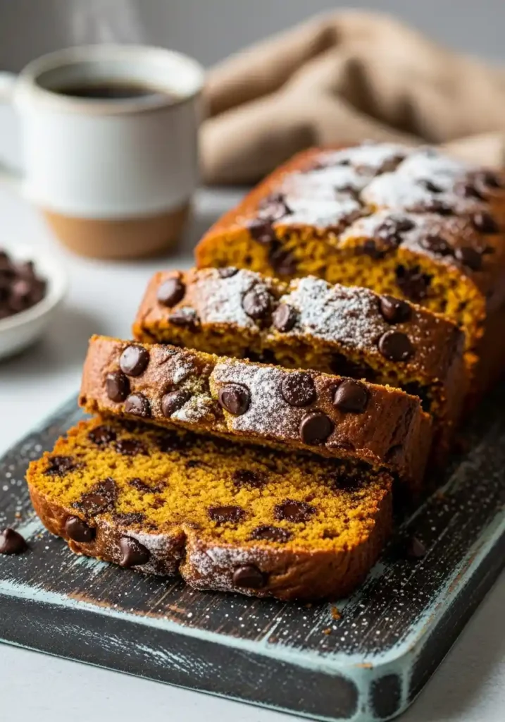 Three thick slices of moist pumpkin chocolate chip bread, lightly dusted with powdered sugar, arranged on a rustic wooden cutting board with visible dark chocolate chips. A blurred background includes a coffee mug and a linen napkin.