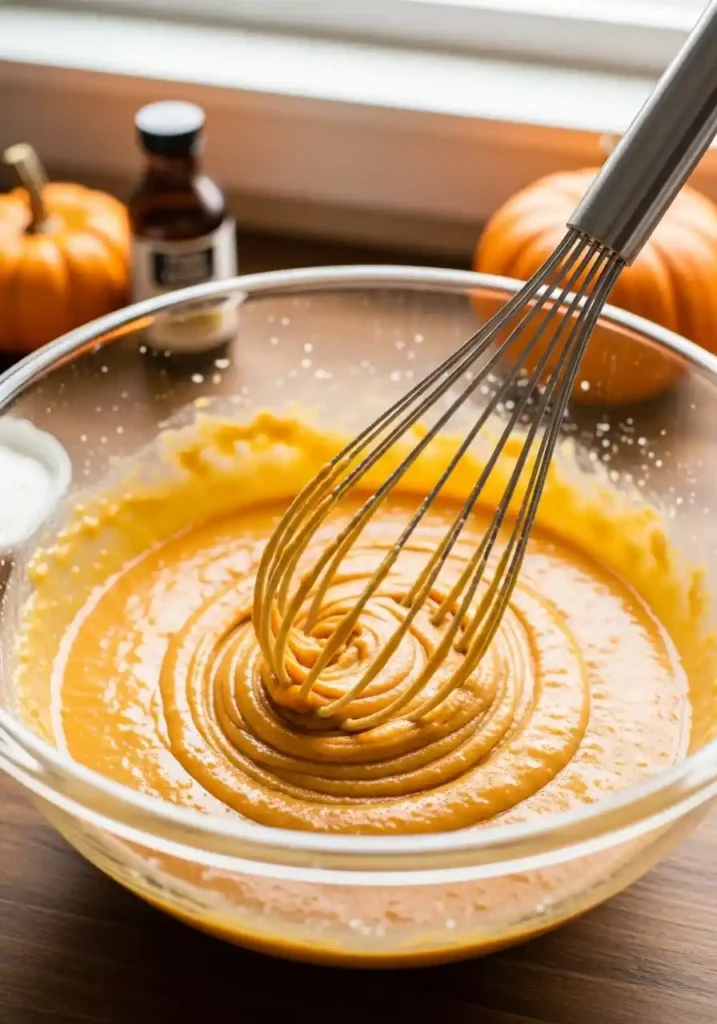 A stainless steel whisk actively stirring smooth, orange pumpkin chocolate chip bread batter in a clear glass mixing bowl on a rustic wooden countertop, with out-of-focus autumn decor in the background.