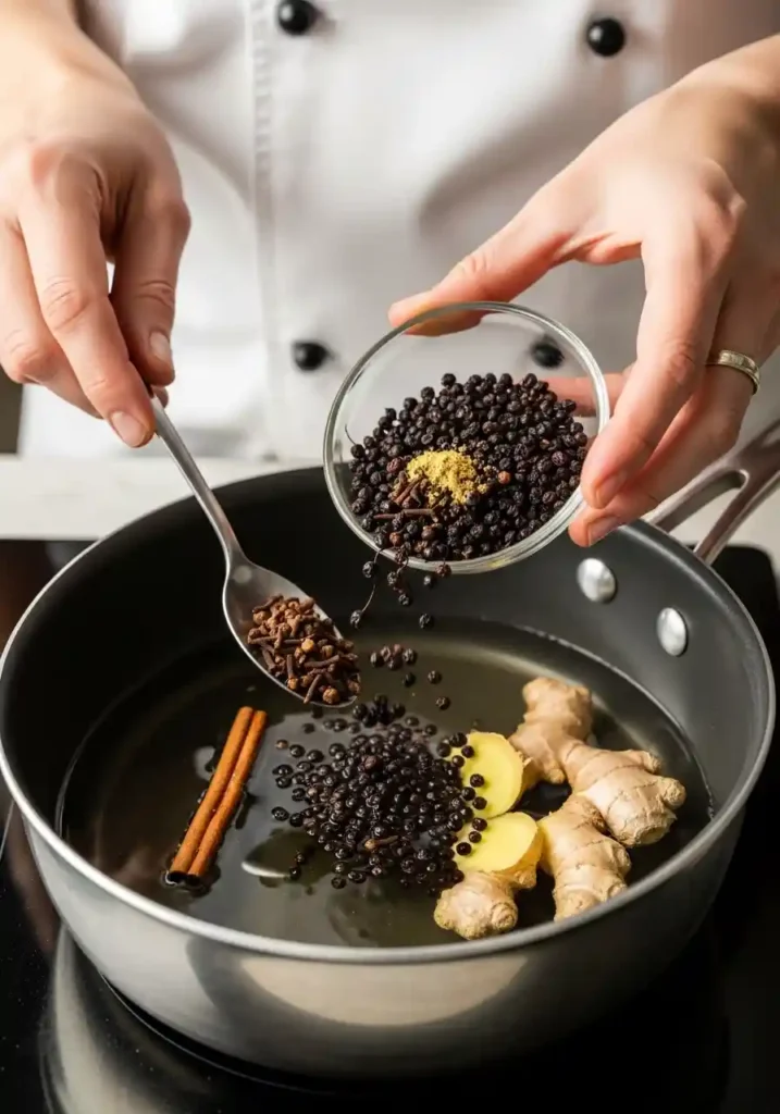 Close-up of a chef's hands combining dried elderberries, water, cinnamon stick, whole cloves, and fresh ginger in a saucepan.