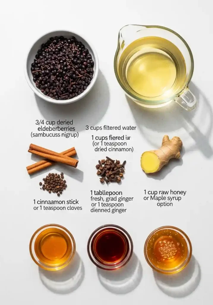 A flat-lay of fresh ingredients for elderberry syrup, including dried elderberries, filtered water, a cinnamon stick, whole cloves, grated ginger, and a jar of raw honey on a light background.