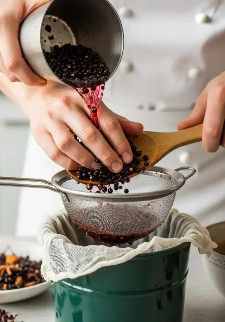 Close-up of a chef pressing cooked elderberries through a fine-mesh strainer with a wooden spoon to extract juice for elderberry syrup.