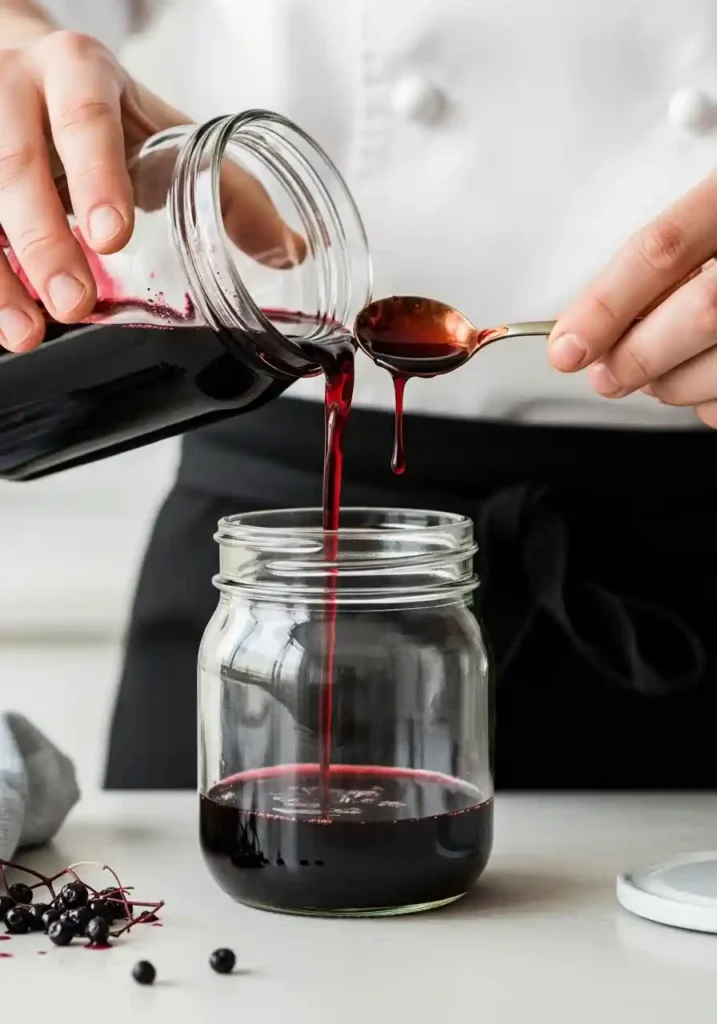 Close-up of a chef carefully pouring homemade elderberry syrup into a clean, airtight glass jar for storage.