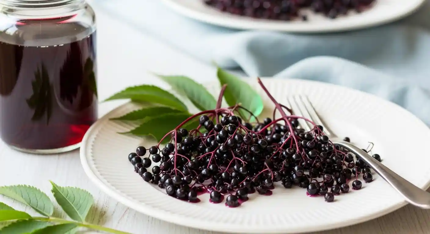 Finished plate of vibrant elderberry syrup, garnished with fresh berries and a mint sprig
