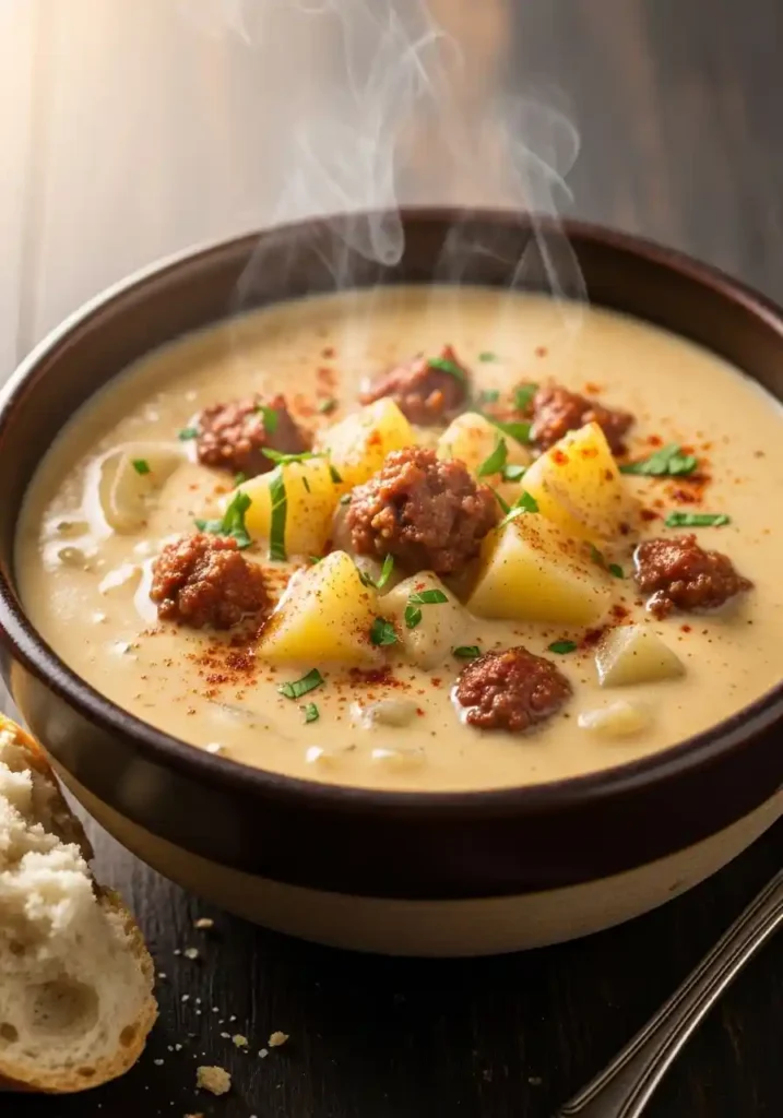 A rustic bowl filled with creamy and spicy Cajun potato soup, garnished with fresh parsley.