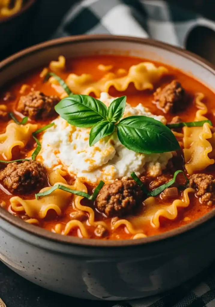 A close-up of a rustic bowl filled with creamy slow cooker lasagna soup, topped with a large dollop of ricotta cheese mixture and fresh basil.