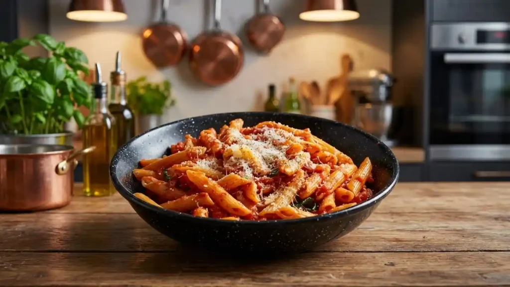 A wide, close-up view of vibrant red Spicy Arrabbiata Penne Pasta garnished with fresh basil in a white ceramic bowl.