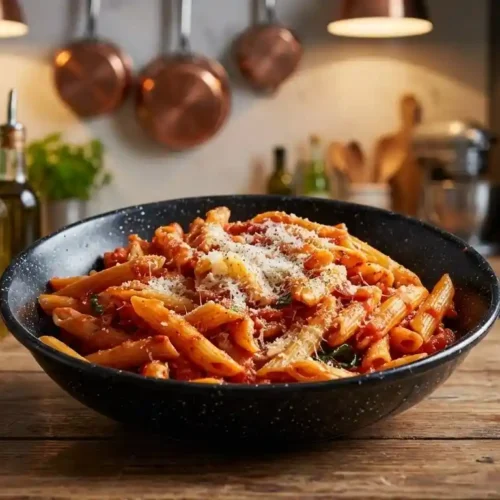 A wide, close-up view of vibrant red Spicy Arrabbiata Penne Pasta garnished with fresh basil in a white ceramic bowl.