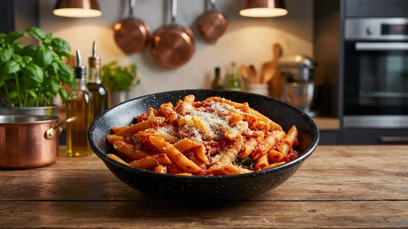 A wide, close-up view of vibrant red Spicy Arrabbiata Penne Pasta garnished with fresh basil in a white ceramic bowl.
