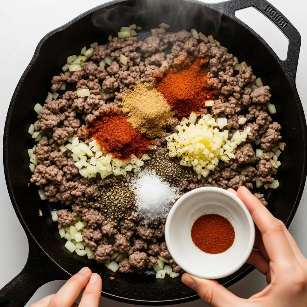 Ground venison mixture gently simmering in a covered cast iron skillet on the stovetop, with steam visible.