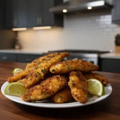 Crispy, golden pieces of honey butter chicken glazed with a sticky sauce, garnished with green onions, served in a white bowl.