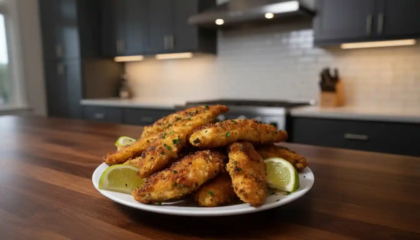 Crispy, golden pieces of honey butter chicken glazed with a sticky sauce, garnished with green onions, served in a white bowl.