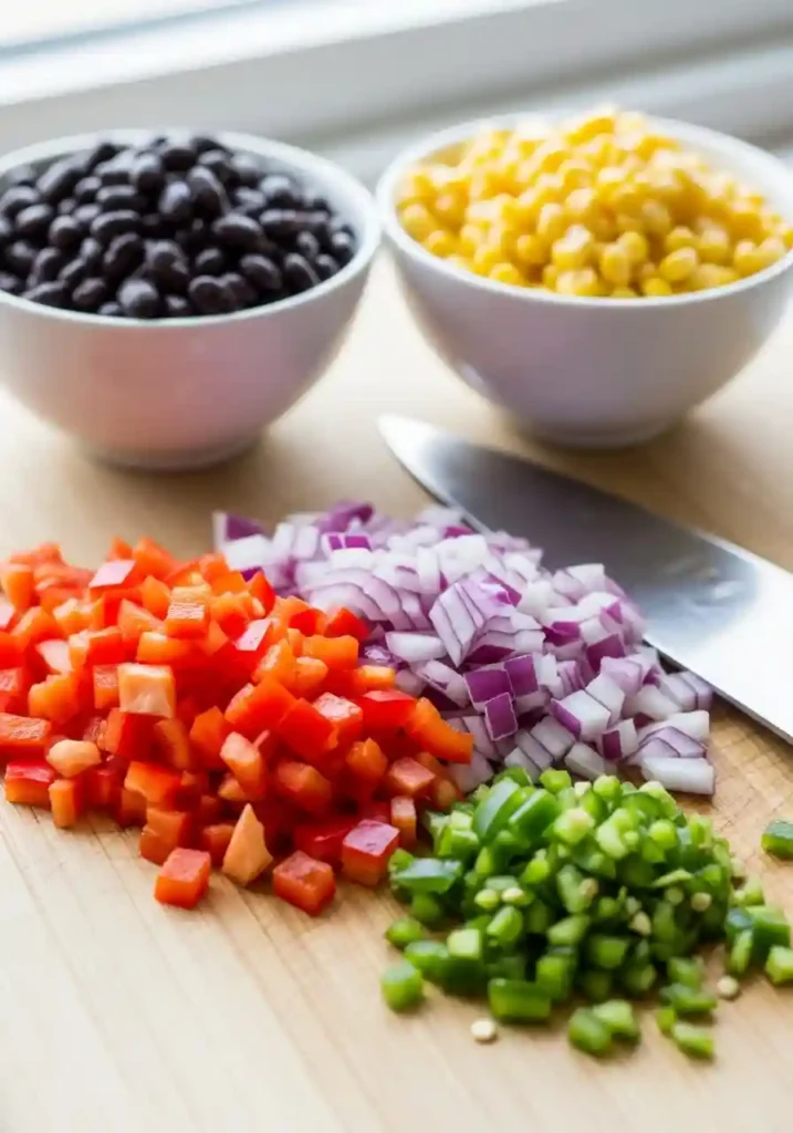 Close-up of finely diced red bell pepper, red onion, and minced jalapeño on a cutting board, with small bowls of black beans and corn.