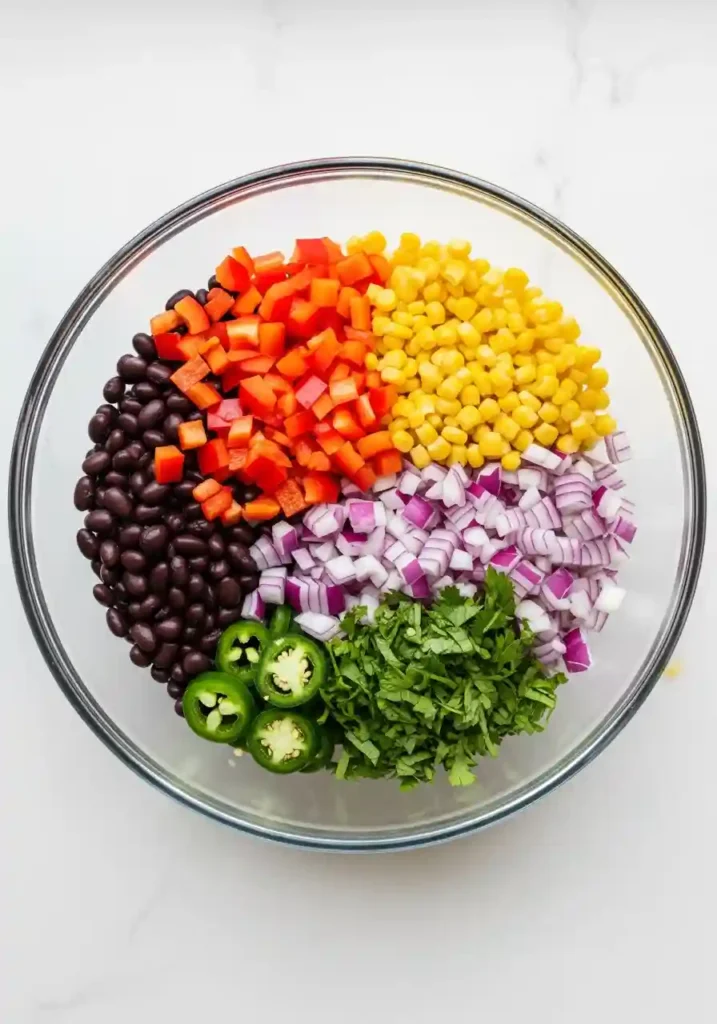 A large clear glass bowl holding combined black beans, corn, bell pepper, onion, jalapeño, and cilantro, before mixing.