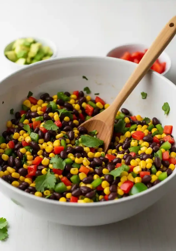 Freshly mixed black bean and corn relish in a large serving bowl with a wooden spoon, ready for chilling.