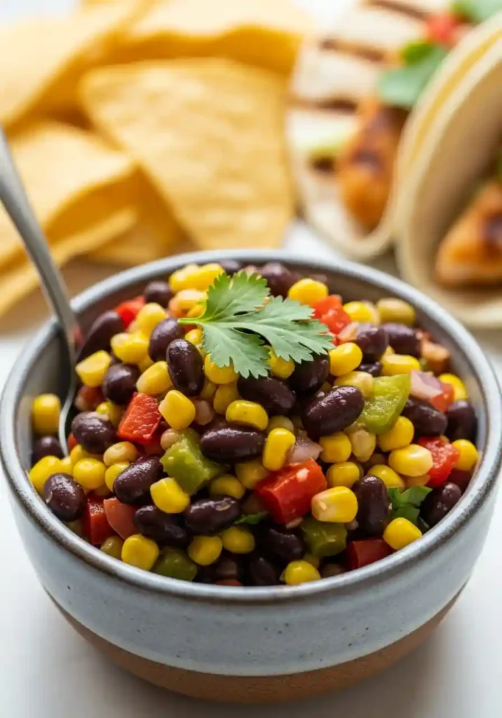 Close-up of vibrant black bean and corn relish served in a rustic ceramic bowl with blurred tortilla chips and a grilled fish taco in the background.