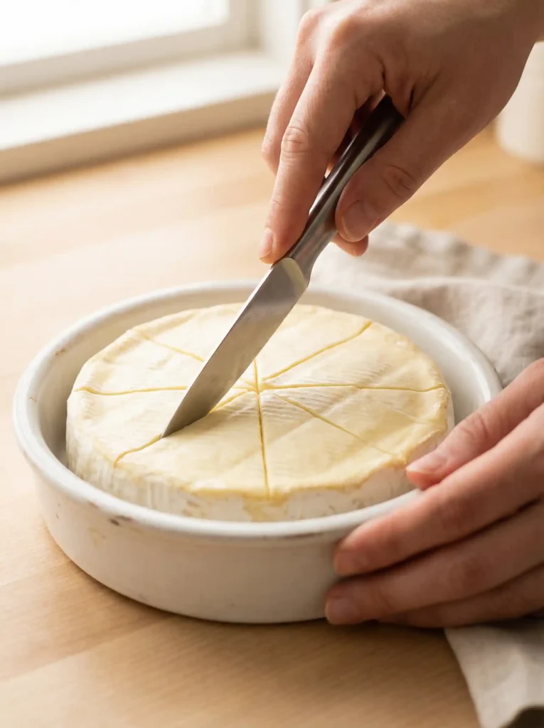 A chef's hand gently scoring the top rind of the brie cheese with a small knife to prepare it for baking.