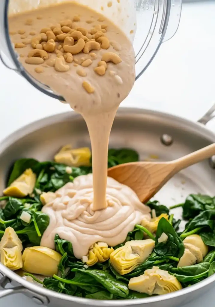 Creamy blended white bean mixture being poured from a blender into a skillet with cooked spinach and artichoke hearts.