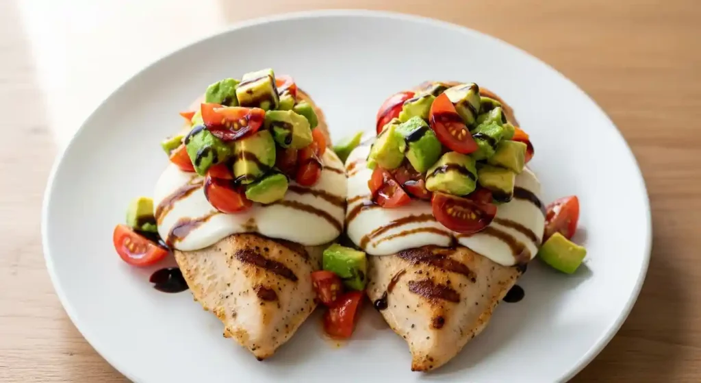 Juicy grilled Grilled California Avocado Chicken breasts topped with melted mozzarella and fresh avocado-tomato salsa on a white plate.