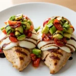 Juicy grilled Grilled California Avocado Chicken breasts topped with melted mozzarella and fresh avocado-tomato salsa on a white plate.