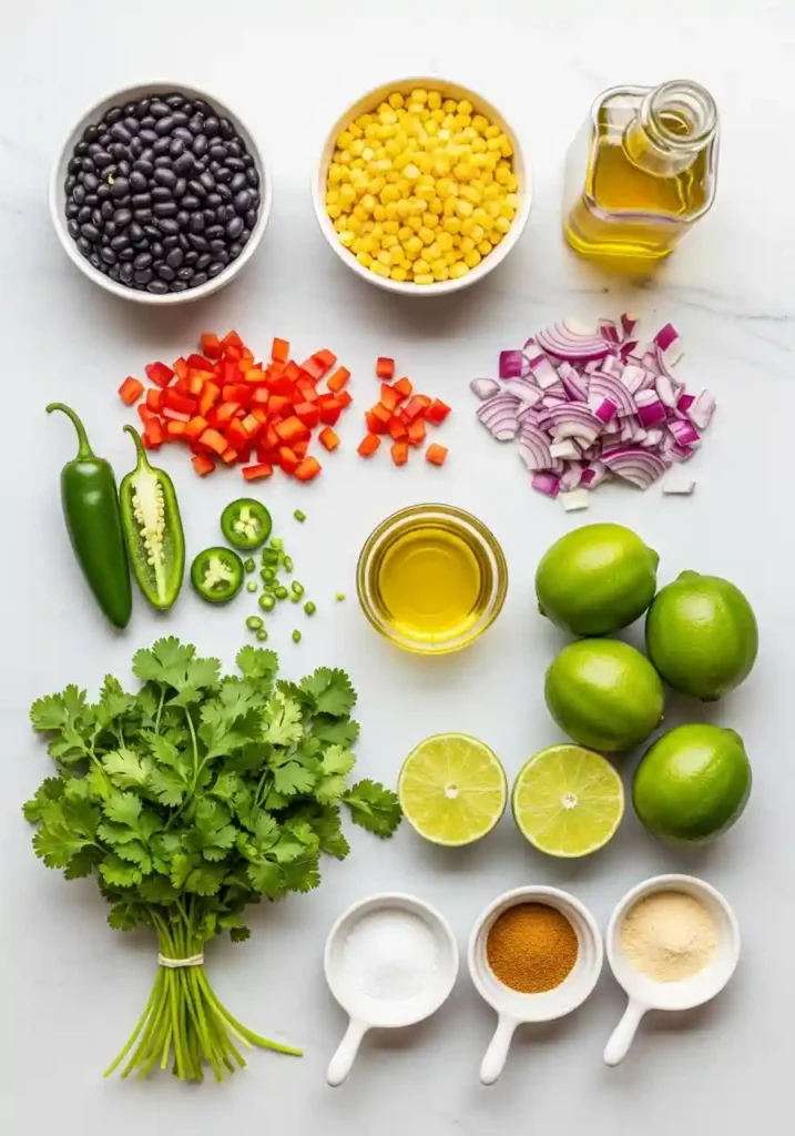 Flat lay of fresh ingredients for black bean and corn relish including black beans, corn, red bell pepper, red onion, jalapeños, cilantro, limes, olive oil, and spices.