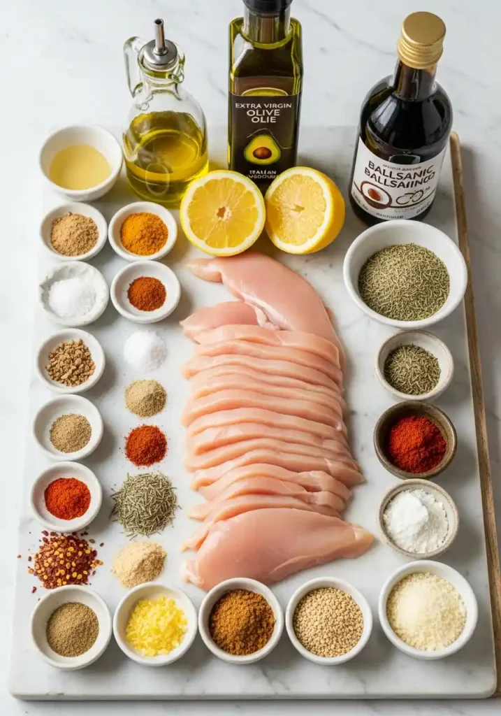 Overhead view of all raw ingredients for thin-sliced chicken breast recipe, including chicken, oils, lemon, and a variety of spices in small bowls.