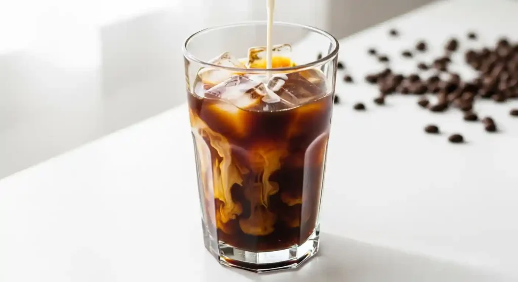 Tall glass of iced cold brew coffee with a visible swirl of oat milk being poured into it, set on a bright white counter.