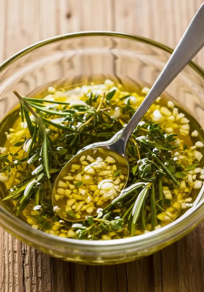 Close-up of a bowl containing olive oil mixed with fresh minced garlic, chopped rosemary, and thyme.